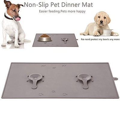 Pet Dog Mat, No Skid, Pet Cat Feeder Food Grade Silicone Pet Food Mat with 2 Suction Cups Keep Bowls Steady Anti Skid Edge Spill Bowls Cat Dog Feeding Tray 18.8 X 11.8