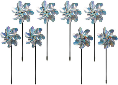 Sparkly Holographic Pin Wheel Spinners Scare Off Birds and Pests (Set of 4) - Pre-Assembled Bird Repellent Devices Outdoor - Humanely Keep Birds Away